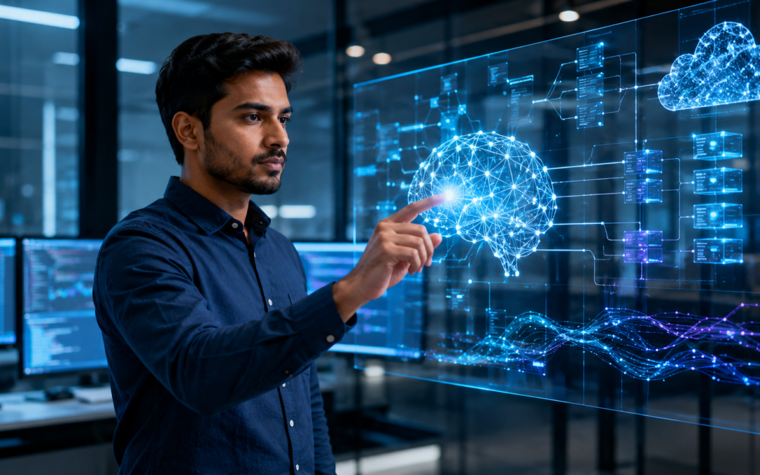 A man in a dark blue shirt touches a glowing holographic neural network on a transparent screen.